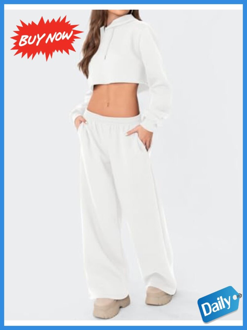 Fleece Wide Leg Sweatpants Low Rise Drawstring Pockets - Picture 5 of 6